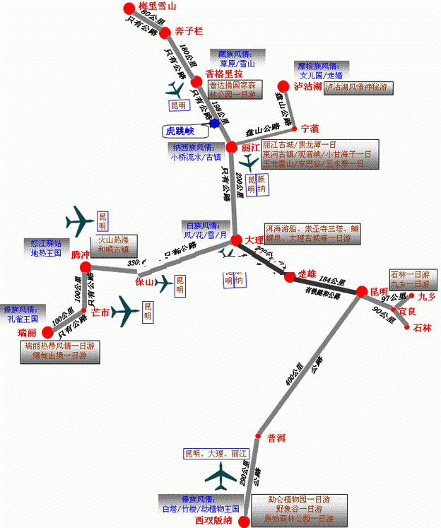 云南旅游线路示意图 高清版-云南地图-北京中国国旅